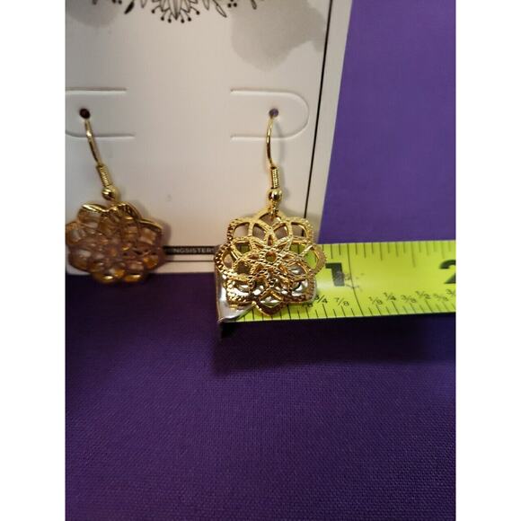 Gold Plated Brass Dangle Earrings Puffy Flower Textured Open Work Design New - Picture 5 of 7